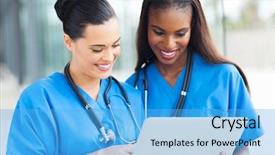  Presentation with medical laptop - Presentation theme having nurse practitioner - two cheerful female medical workers background and a light blue colored foreground