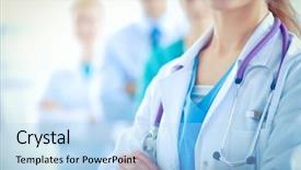  Presentation with doctor in hospital health insurance related icons healthcare person saving medical - Slide deck featuring nurse practitioner - woman doctor standing with stethoscope background and a light blue colored foreground