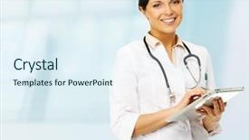  Presentation with taking notes - Presentation theme having nurse practitioner - young positive brunette doctor woman background and a sky blue colored foreground