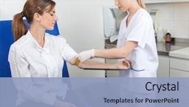  Presentation with blood test - Slide set having nurse preparing businesswoman for blood background and a light blue colored foreground