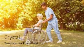  Presentation with senior citizen - Presentation design enhanced with nurse-pushing-the-wheelchair background and a yellow colored foreground