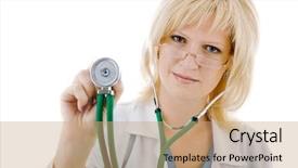  Presentation with worried young female college student - Slides having nurse shortage - young female doctor isolated background and a coral colored foreground