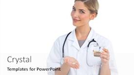  Presentation with drugs - Audience pleasing PPT theme consisting of nurse-showing-drugs-and-water backdrop and a white colored foreground