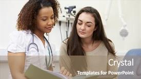  Presentation with record - Slide set enhanced with record year - nurse showing patient test results background and a coral colored foreground