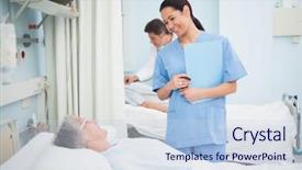  Presentation with healthcare workers - PPT theme consisting of nurse smiling to a patient background and a sky blue colored foreground