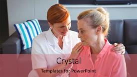  Presentation with nurse care - Audience pleasing slide set consisting of nurse taking care of a sad senior woman in a retirement home backdrop and a coral colored foreground