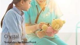  Presentation with teddy bear - Cool new PPT layouts with nurse-teaching-child-patient backdrop and a coral colored foreground