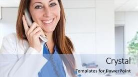  Presentation with talking on phone - Amazing slide deck having nurse telephone - portrait of a female doctor backdrop and a  colored foreground