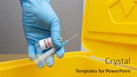  Presentation with covid vaccine - Amazing slide deck having nurse-throw-away-used-syringe backdrop and a gold colored foreground