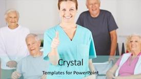  Presentation with group training - PPT theme enhanced with nurse training - happy nursing assistant holding her background and a arctic colored foreground