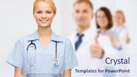  Presentation with healthcare technology - Audience pleasing PPT theme consisting of nurse with tablet pc computer backdrop and a sky blue colored foreground