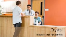  Presentation with desk - PPT theme consisting of nurse working at reception background and a coral colored foreground