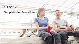  Presentation with nursery - Beautiful presentation design featuring nursery food - smiling botanists sitting with coffee backdrop and a white colored foreground