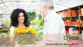  Presentation with greenhouse - Colorful presentation design enhanced with young woman in office holding cup backdrop and a white colored foreground