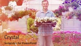  Presentation with flower pots - PPT layouts enhanced with nursery plant - portrait of happy gardener carrying background and a  colored foreground