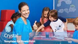 Presentation with children painting - Cool new presentation theme with nursery teacher holding thumbs up backdrop and a teal colored foreground