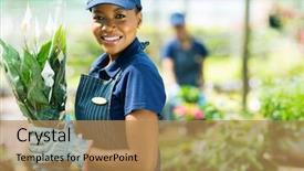  Presentation with nursery plant - PPT theme having nursery worker holding potted plant background and a coral colored foreground