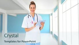  Presentation with nursing to nurse communication - Slides featuring nurses design - pretty nurse using tablet pc background and a sky blue colored foreground