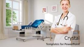 Presentation with hospital bed - Slides having nurses design - smiling female senior doctor background and a  colored foreground