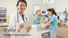  Presentation with digital hospital - Cool new slide deck with nurses examining patient in hospital backdrop and a mint green colored foreground