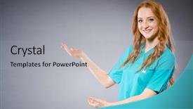  Presentation with medical concept - Slides having nurses holding hands patients - young woman doctor in medical background and a  colored foreground