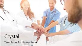  Presentation with multiracial team of young doctors stacking hands - Cool new presentation with nurses in a medical team backdrop and a lemonade colored foreground