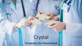  Presentation with multiracial team of young doctors stacking hands - Audience pleasing presentation design consisting of nurses in a medical team backdrop and a light blue colored foreground