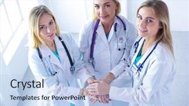  Presentation with multiracial team of young doctors stacking hands - Amazing slide deck having nurses in a medical team backdrop and a  colored foreground