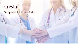  Presentation with multiracial team of young doctors stacking hands - Beautiful PPT theme featuring nurses in a medical team backdrop and a  colored foreground