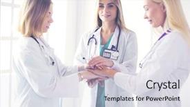 Presentation with team hands - Cool new PPT theme with nurses in a medical team backdrop and a  colored foreground