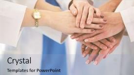  Presentation with multiracial team of young doctors stacking hands - Slide deck having nurses in a medical team background and a  colored foreground