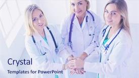  Presentation with multiracial team of young doctors stacking hands - Beautiful PPT theme featuring nurses in a medical team backdrop and a  colored foreground