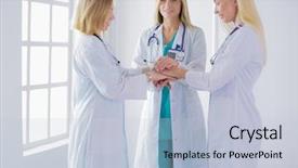  Presentation with multiracial team of young doctors stacking hands - Slides with nurses in a medical team background and a  colored foreground