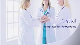  Presentation with team hands - Colorful PPT layouts enhanced with nurses in a medical team backdrop and a sky blue colored foreground