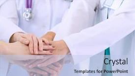  Presentation with multiracial team of young doctors stacking hands - Amazing slide deck having nurses in a medical team backdrop and a light blue colored foreground