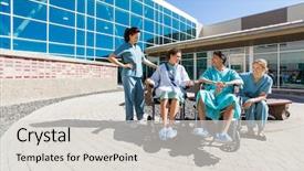  Presentation with patients - Colorful PPT layouts enhanced with nurses outside hospital building backdrop and a light gray colored foreground