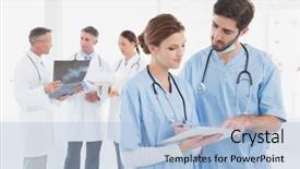  Presentation with nurses - Theme featuring nurses reading a file together with doctors behind them background and a light blue colored foreground