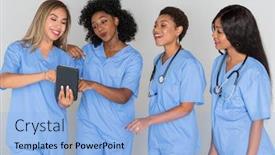  Presentation with nurses - Cool new PPT theme with nurses who are working in a hospital together backdrop and a light blue colored foreground