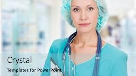  Presentation with doctor office call center - PPT theme featuring nursing administration - medical doctor woman background and a  colored foreground