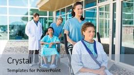  Presentation with wheelchairs - Presentation theme consisting of nursing assistant - nurses assisting patients on wheelchairs background and a  colored foreground