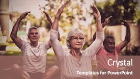  Presentation with elderly people and exercise - Beautiful slide deck featuring community exercise - senior people exercising with hands backdrop and a coral colored foreground