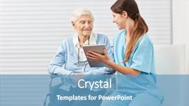  Presentation with senior citizen - Slide set having communication network training - young caregiver tells a senior background and a teal colored foreground