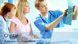  Presentation with exam results - Presentation theme having nursing communication - portrait of young doctor commenting background and a  colored foreground