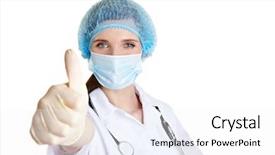  Presentation with wearing a surgical face mask - Amazing PPT theme having nursing communication - surgeon with surgical mask holding backdrop and a white colored foreground