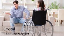  Presentation with disabled person - Presentation theme with nursing conflict - desperate disabled person on wheelchair background and a light gray colored foreground