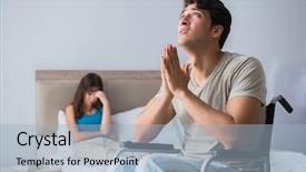  Presentation with happy sad face man - Cool new presentation with nursing conflict - desperate man on wheelchair backdrop and a  colored foreground