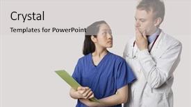  Presentation with asian doctor - Slides consisting of nursing conflict - serious caucasian doctor and asian background and a  colored foreground