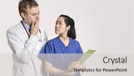  Presentation with doctor asian - Amazing PPT theme having nursing conflict - serious caucasian doctor and asian backdrop and a light gray colored foreground
