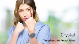  Presentation with defense - Presentation theme featuring nursing conflict - young adult doctor woman wearing background and a light blue colored foreground