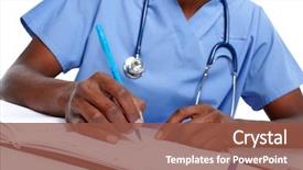  Presentation with medical diversity - Colorful presentation theme enhanced with nursing diversity - hands of medical doctor writing backdrop and a  colored foreground
